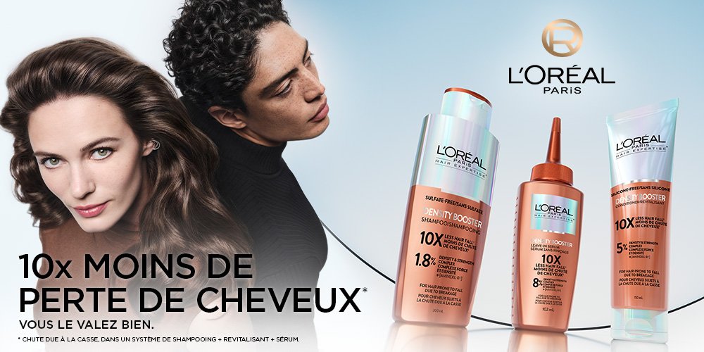 Un homme et une femme avec des cheveux longs et le shampoing, le revitalisant et le sérum Density Booster